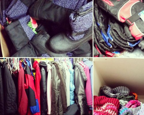 Gloves, toques, and winter jackets in the YESS donation room